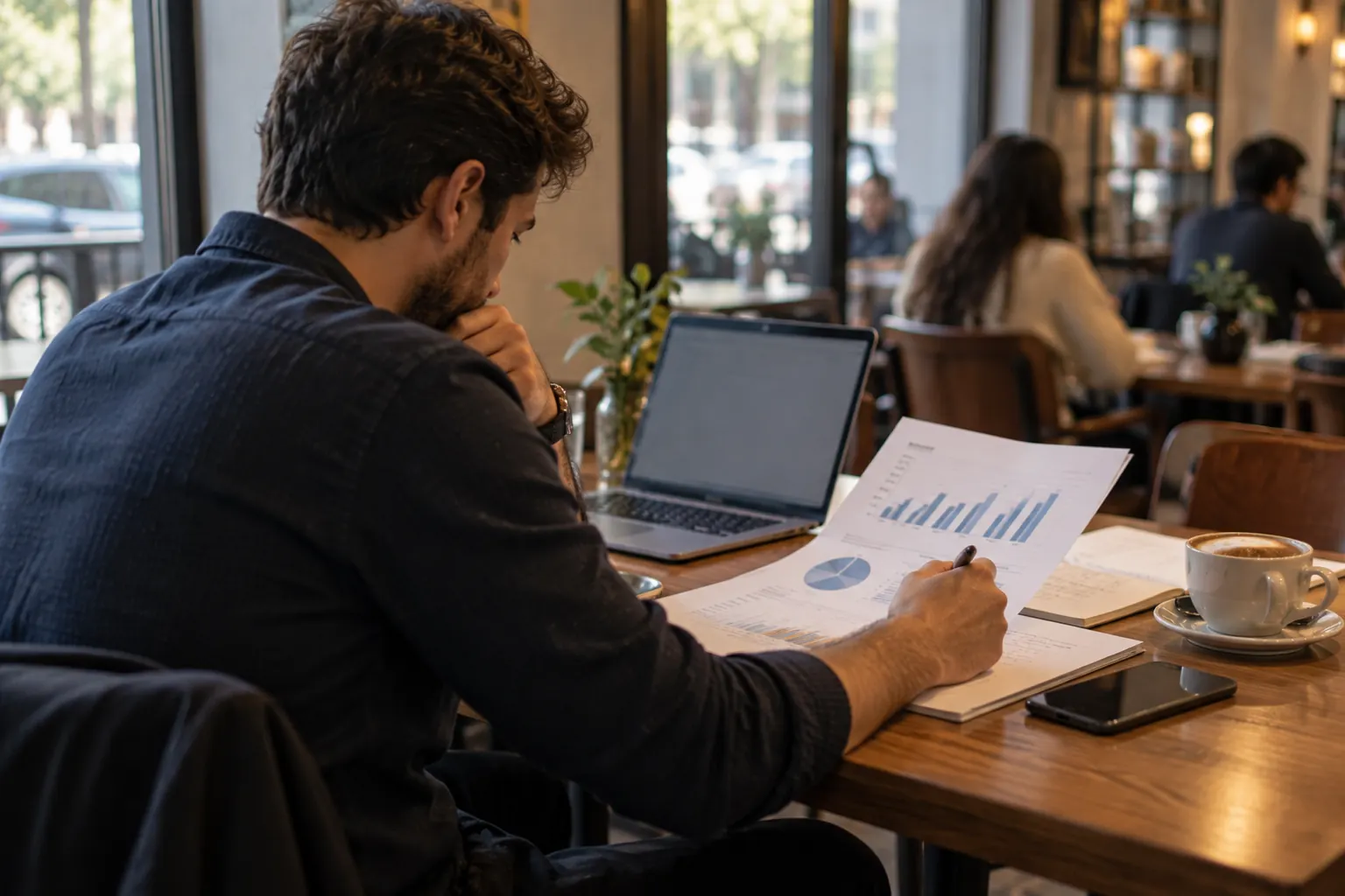Founder studying printed bar charts of campaign results at a cafe table