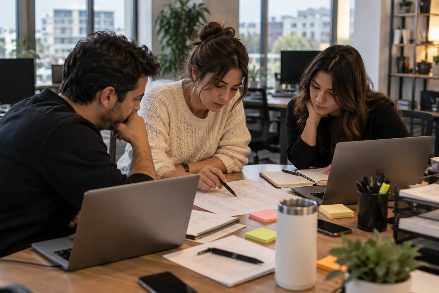 Outbound agency team reviewing a printed prospect list and email drafts
